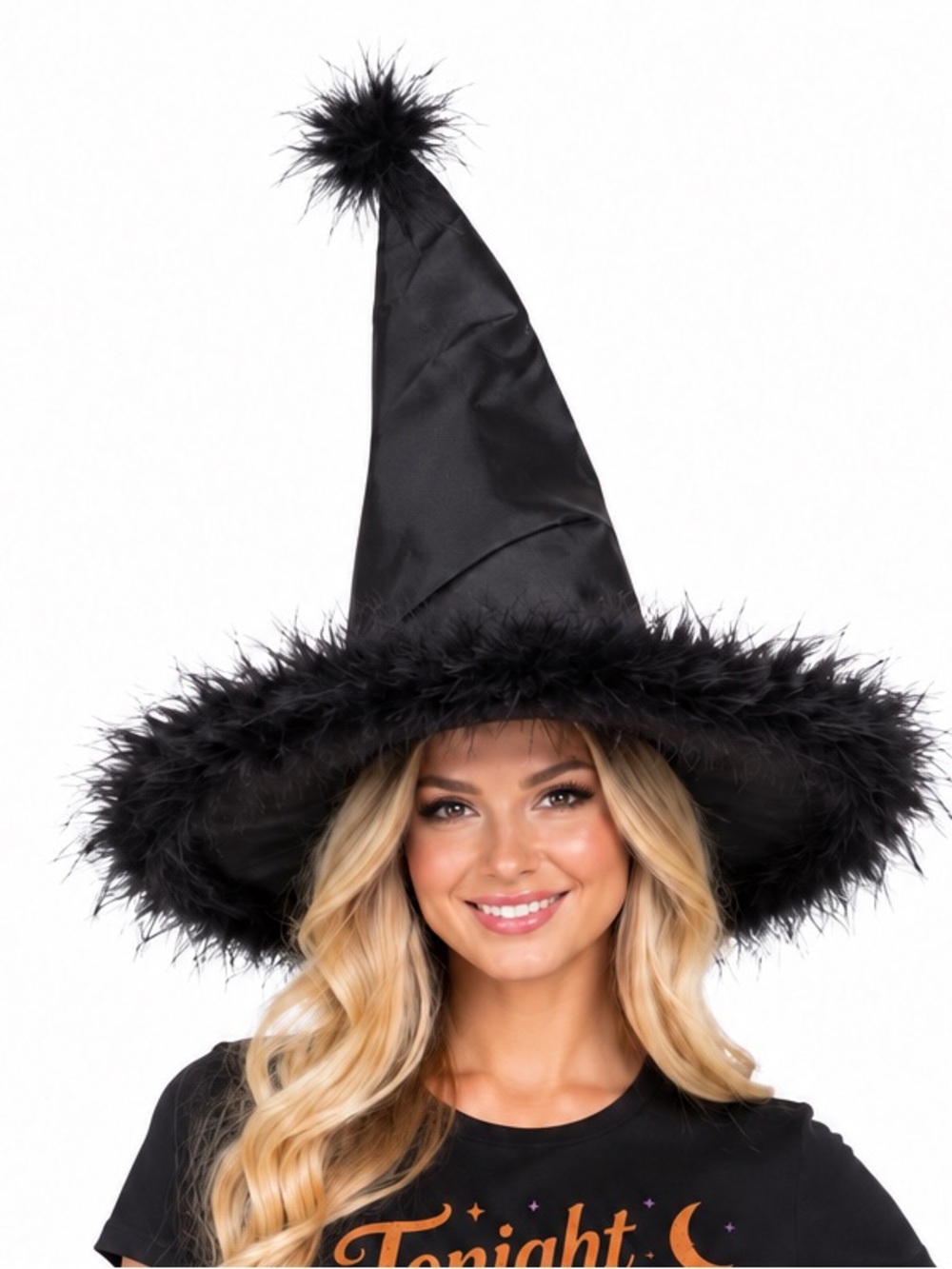 Black Feather-Trim Witch Hat - Women's Halloween costume Accessory